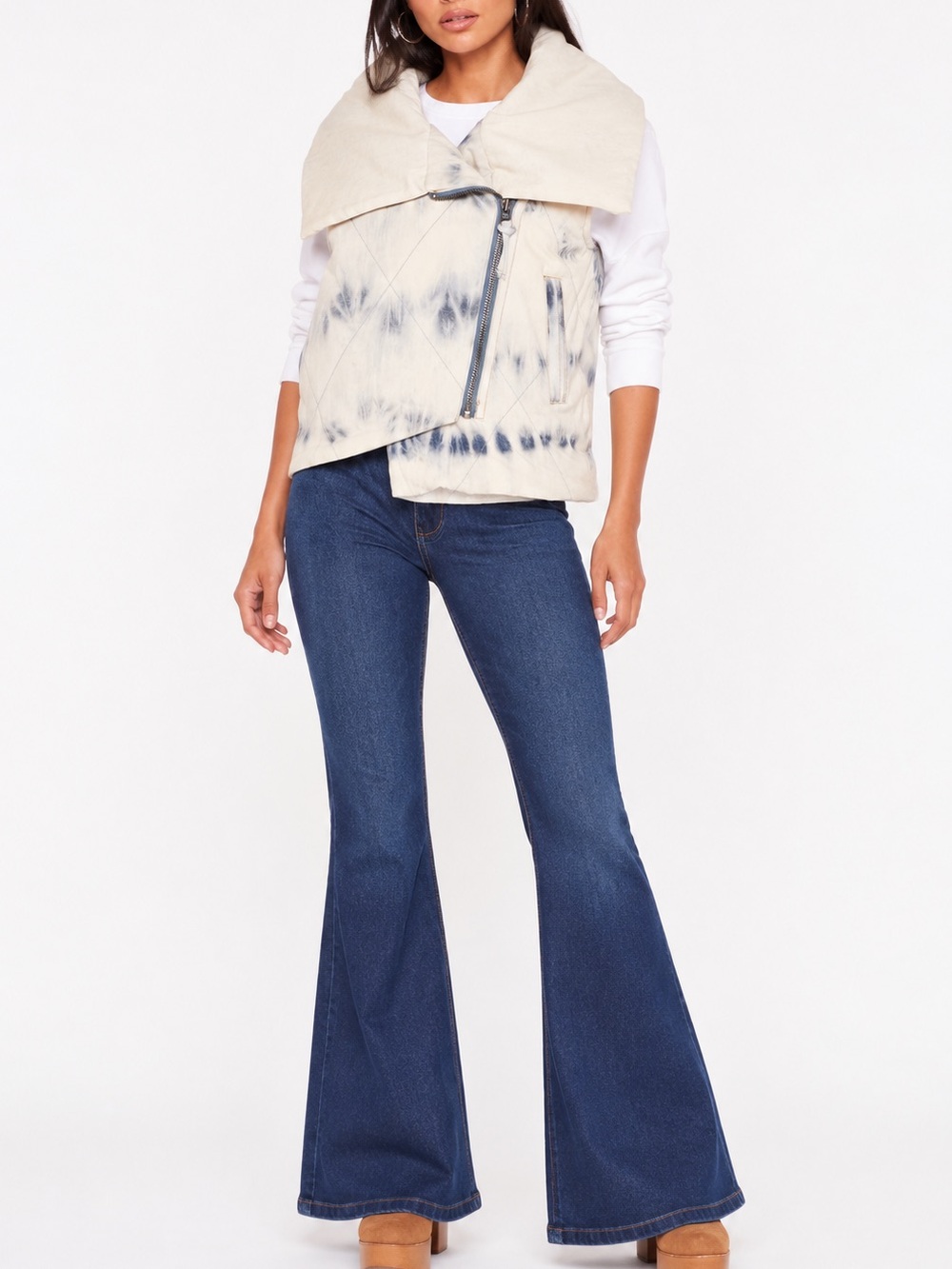 Free People We The Free Tie Dye Sherpa Lined Puffer Vest Blue Ivory S